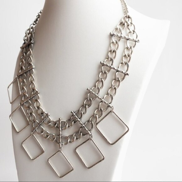 Asymmetrical Chunky Silver Tone Necklace Modernist Brutalist Abstract Geometric - Picture 4 of 6